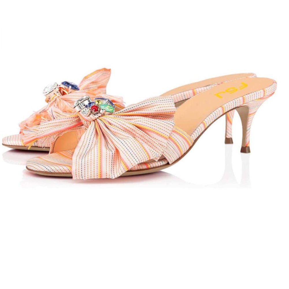 FSJ Beige Peach Open Toe Mid Heel Rhinestone Bow-knot Slippers Sandals